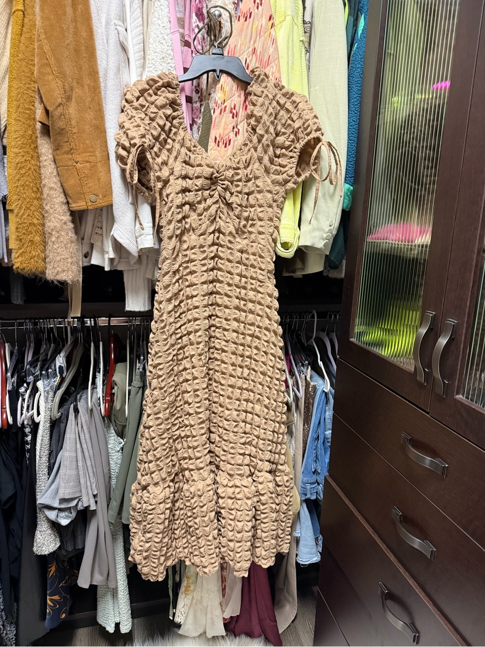 Textured Ruched Camel Midi Dress